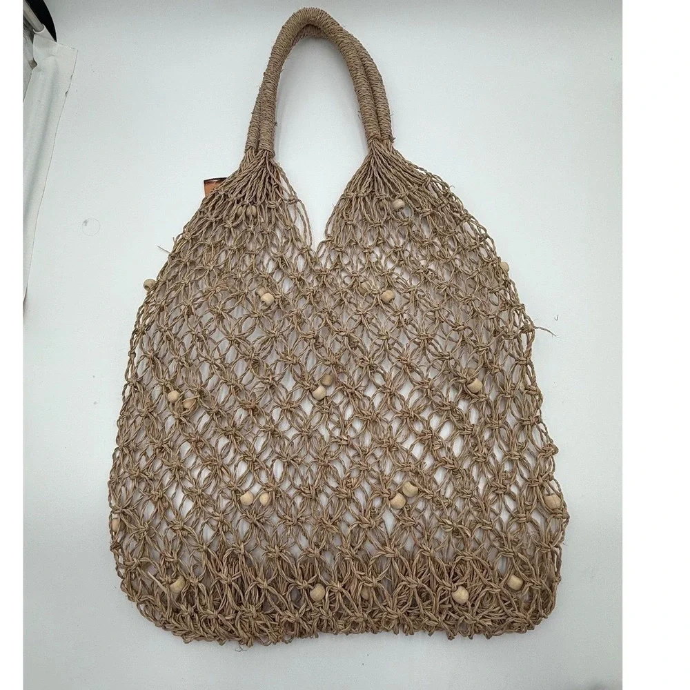 NWT Macrame Wood‎ Bead Tote Bag - Coastal Boho Aesthetic